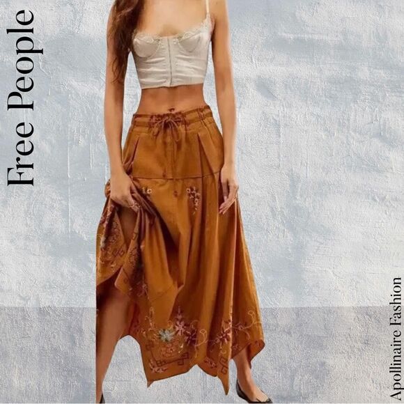 FREE PEOPLE ARIELL EMBROIDERED MAXI SKIRT IN OLIVE LEAF SP NWT - Picture 3 of 9